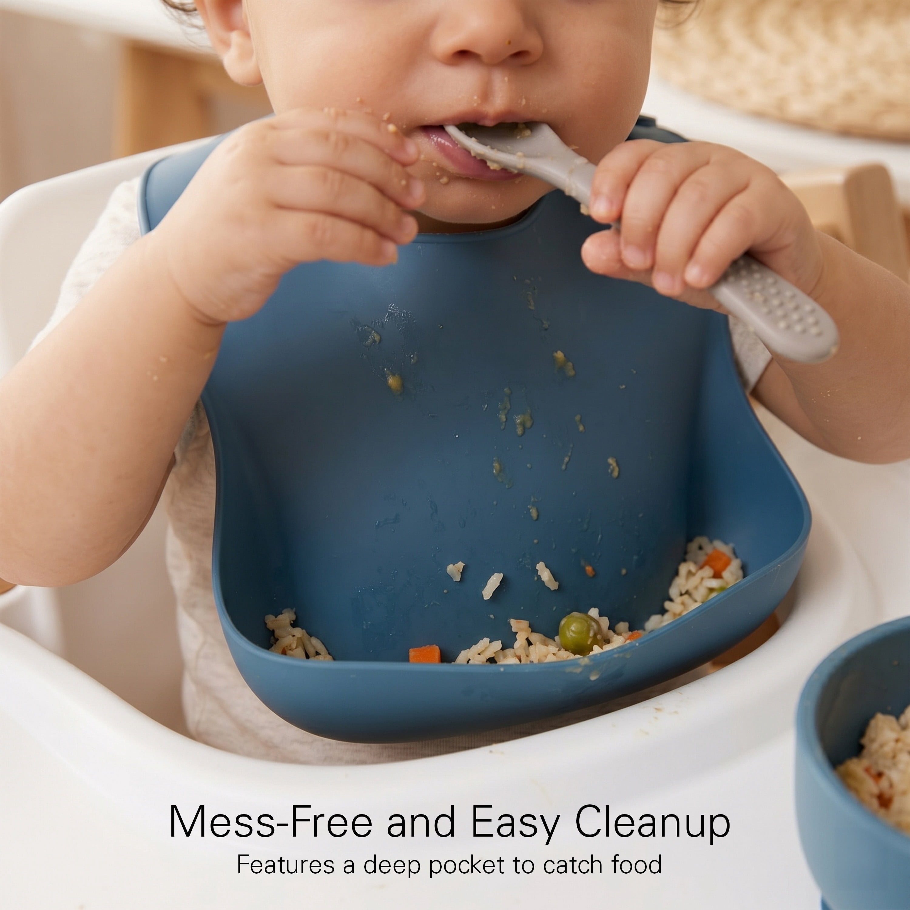 Baby Feeding Set, Silicone Bib, Bowl & Spoons for Self-Feeding First Stage Baby Essentials – Gum Friendly, BPA-Free, Easy to Clean & Safe for Babies, Blue