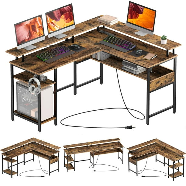 Rolanstar Computer Desk L Shaped with LED Strip & Power Outlets