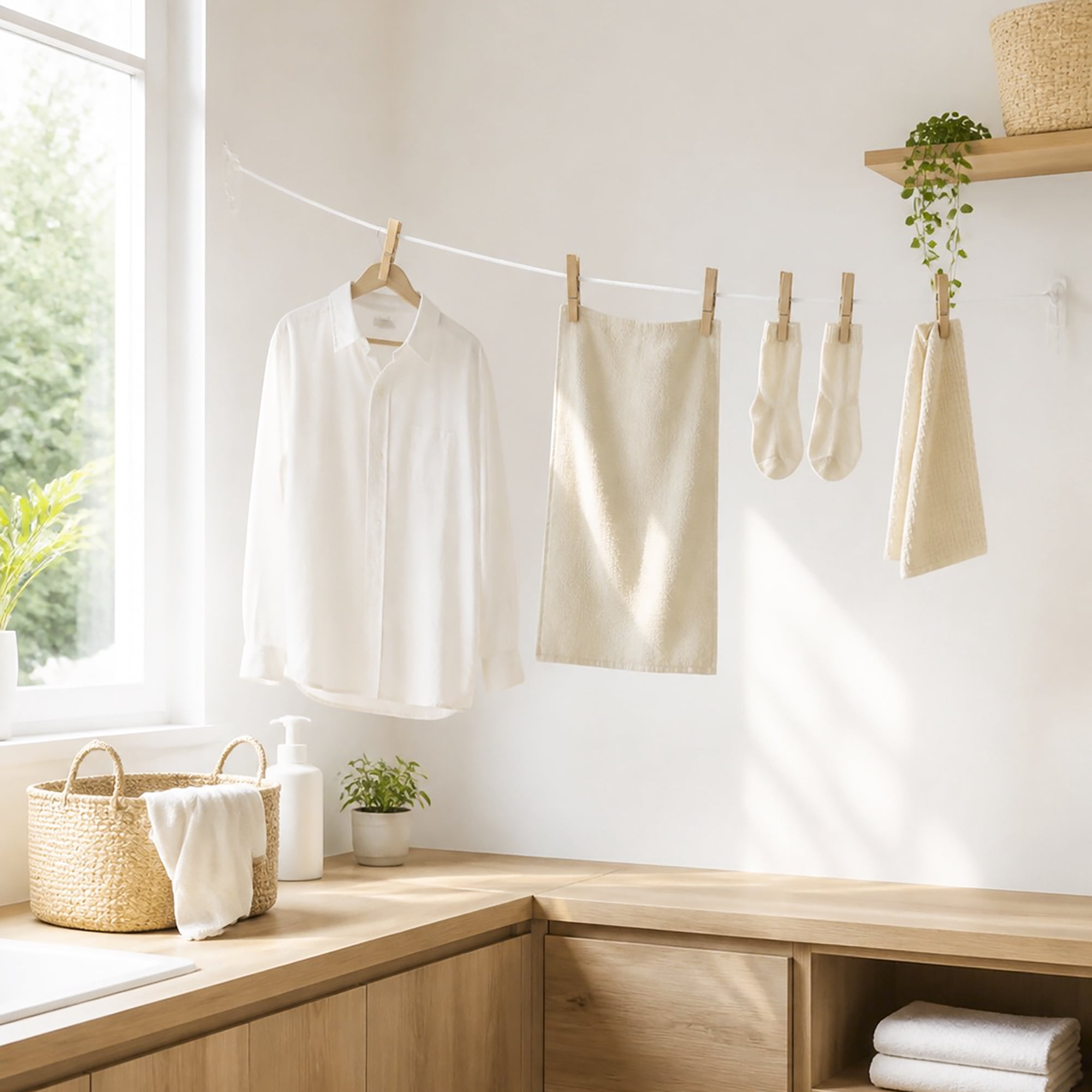 Mainstays Elastic Bungee Clothesline, with Integrated Clothes Pins & Non-Slip Spacers, 50ft.