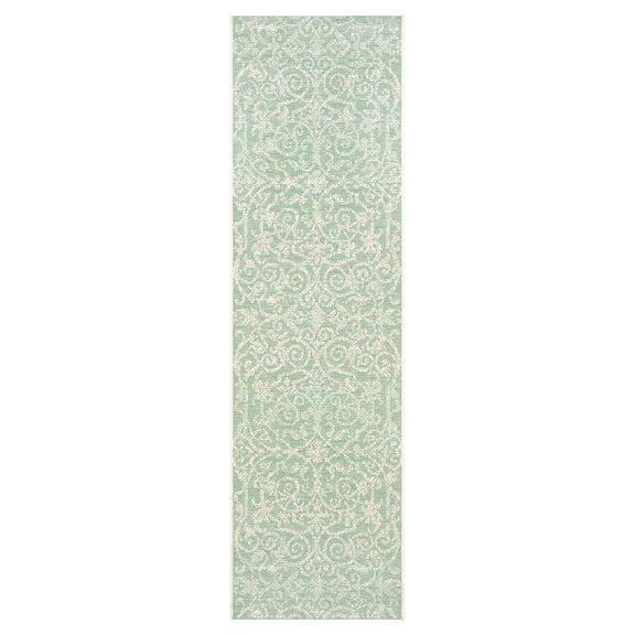 Couristan 2' x 12' Ivory and Light Green Floral Abstract Outdoor Rug