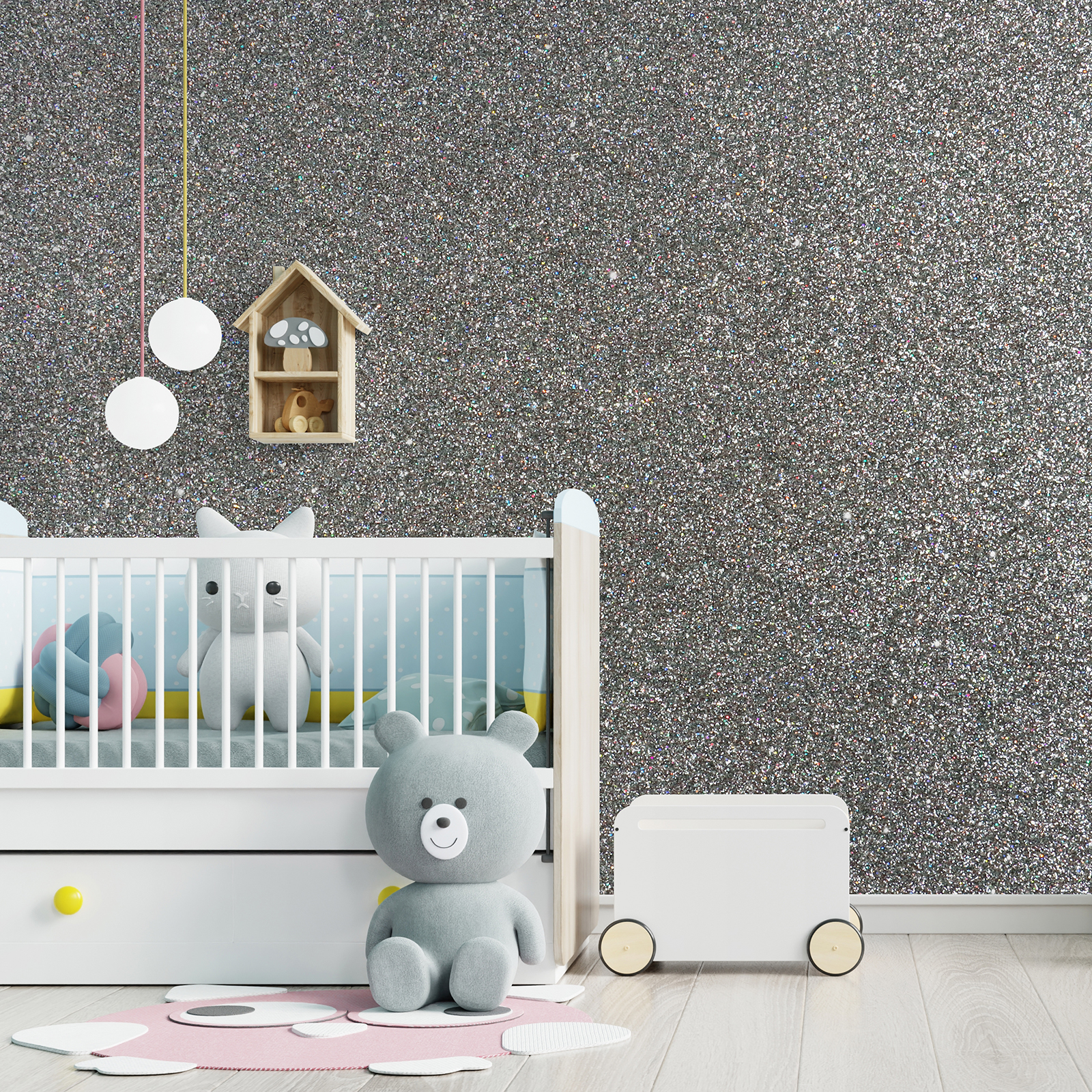 CHIHUT Holographic Grey Glitter Wallpaper Stick and Peel for Bedroom Walls Sparkle Grey Self Adhesive Wallpaper Removable Decorative Contact Paper for Cabinets Drawers Room Decor 15.7''x236''