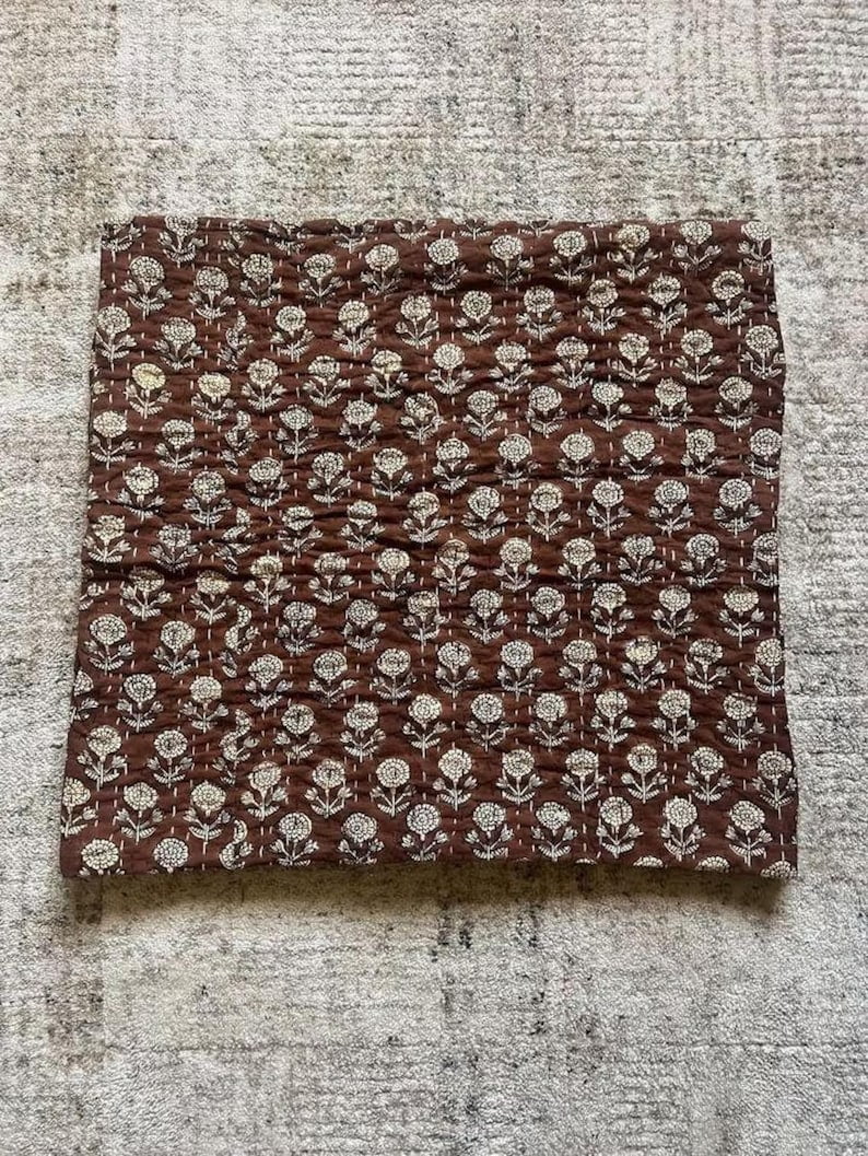 A And E Textiles House Brown Indian Block Print Kantha Quilt - Handmade, Cozy Throw Blanket