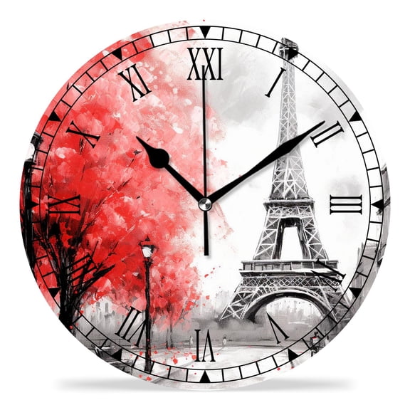 erolrail Rustic Wall Clock,Silent Non Ticking Wall Clocks for Living Room,Bedroom,Kitchen 12IN Oil Painting Paris Black White and Red Modern Art Cute Drawing