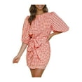thumbnail image 4 of Qmyliery Women's Summer Casual Plaid Dress Lantern Sleeve Round Neck Mid Waist Tie Up Dress, 4 of 8
