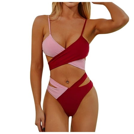 2 Piece Bikinis V-Neck for Women Womens Padded Push-up Bra Bikini Set Swimsuit Bathing Suit Swimwear Beachwear Beach Vacation Clothes Wine