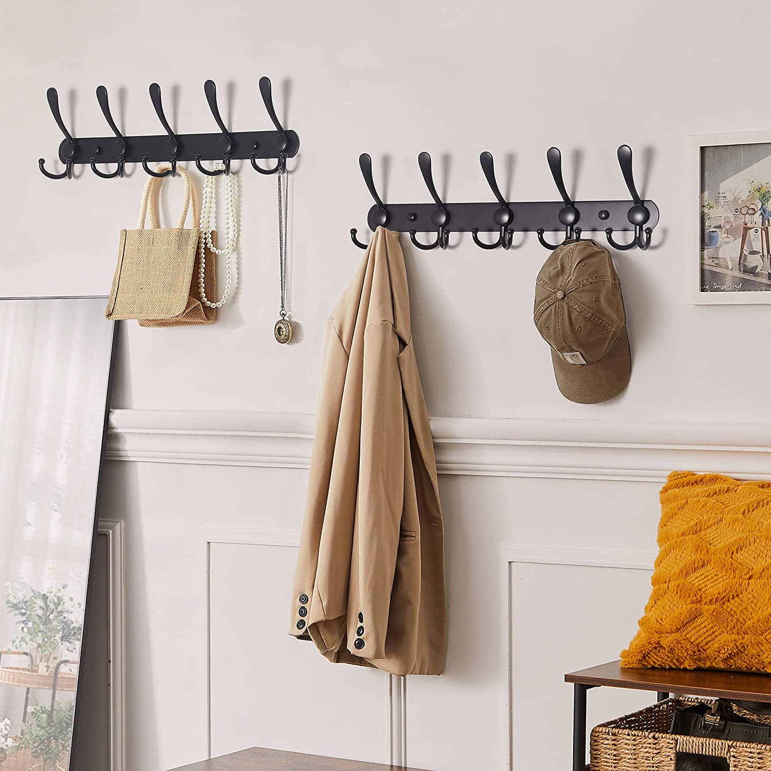 Lfhope Coat Rack Wall Mount with Movable 5 Metal Hooks, Wooden Coat Rack Farmhouse Coat Hangers for Coat Hat Towel Purse Robes Mudroom Bathroom