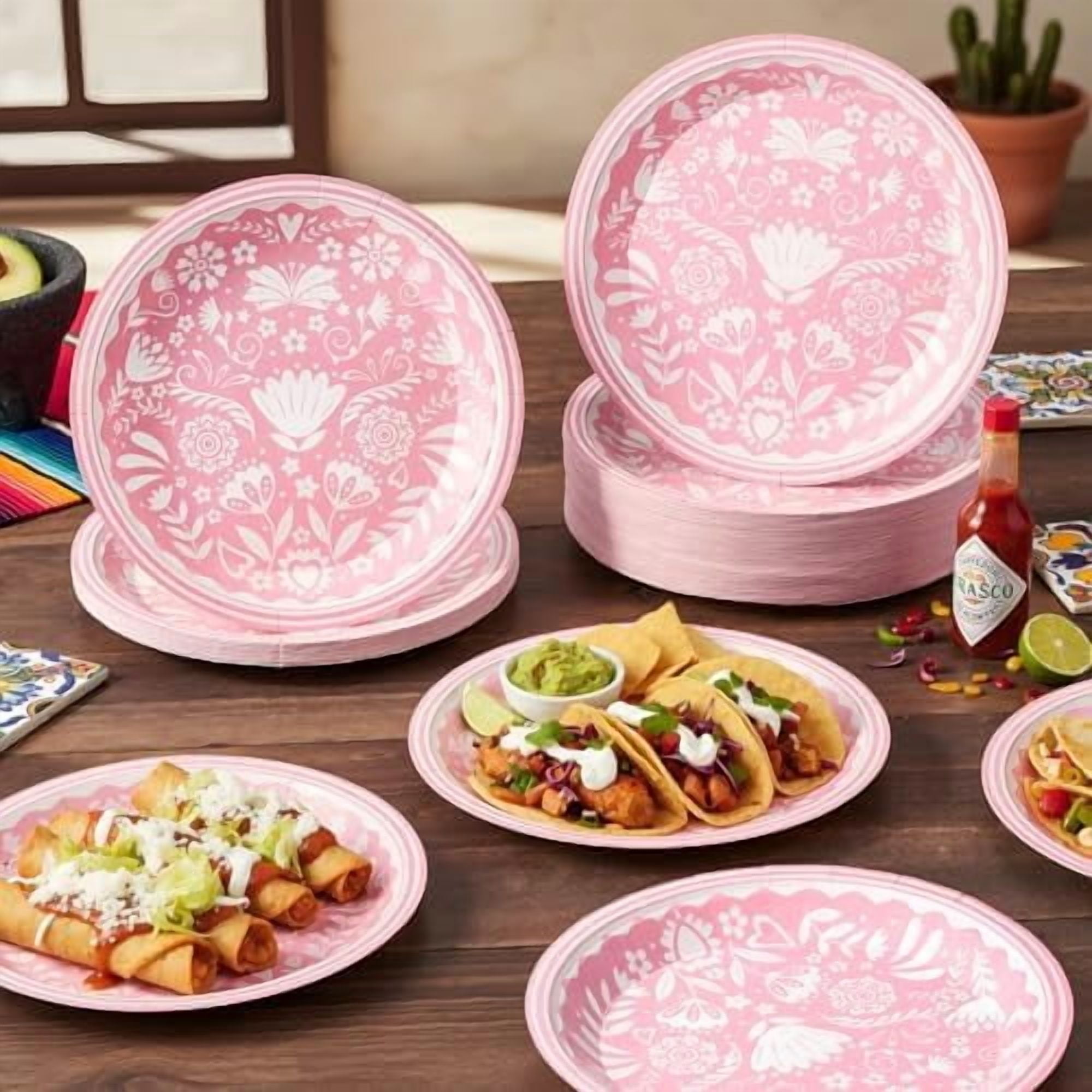 100 Pcs Pink Cielito Lindo Paper Plates 7 Inch Cinco De Mayo Cielito Lindo Baby Shower Decoration Mexican Floral Disposable Cake Dessert Plates for Fiesta Birthday Party Supplies