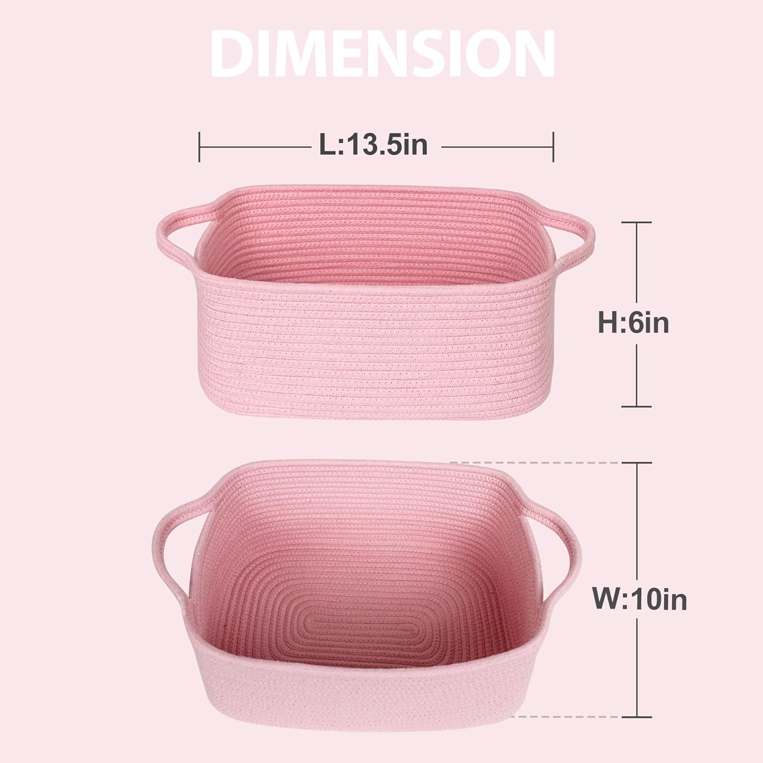 Pink Woven Storage Basket, Cotton Rope Gift Basket Empty, Cute Organizer for Girls, Decorative Baby Nursery Closet Bin, Pink Room Decor, Gift Ready Bin with Handle, Wicker Pet Toy Storage Box