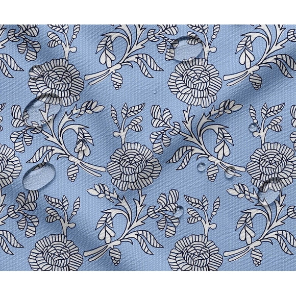 Soimoi Tissu Taffetas Imperméable Imprimé - Motif Floral Bleu / 56 Pouces de Large / pour Coussins d'Extérieur, Auvents, Couvre-Tables et Projets de Rembourrage, par 2 Yard