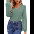 thumbnail image 3 of Blusa de Larga con Cuello en V para Mujer, Estilo Farol, Elegante, Informal, de Punto Acanalado, Corte Holgado, Otoño 2025 Verde L, 3 of 8