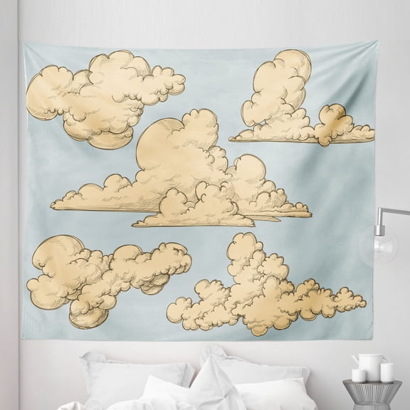 Cartoon Tapestry, Fluffy Formed Old-Fashioned Clouds in Air Funky Colored Sky Elements Illustration, Fabric Wall Hanging Decor for Bedroom Living Room Dorm, 5 Sizes, Blue Beige, by Ambesonne