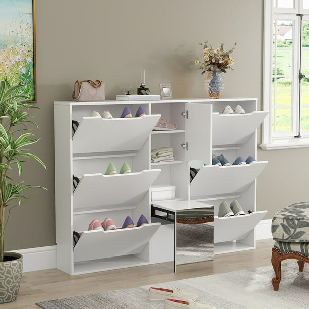 FUFU&GAGA Modern Mirror Shoe with Folding Stool, 3 Tier Closet