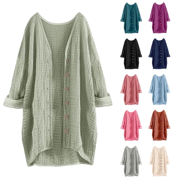 Lutiedan Long Sleeve Cardigans for Women Cotton Button Down High Low Cardigan Fall Casual Baggy Solid Cardigan,Light Blue,L