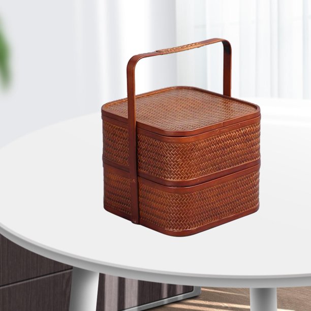 Fiambrera de bambú antigua, cesta de mano, diseño cuadrado de doble capa, mano de obra exquisita, almacenamiento de pasteles, regalo para amigos, deco Grande Soledad caja de almuerzo chino