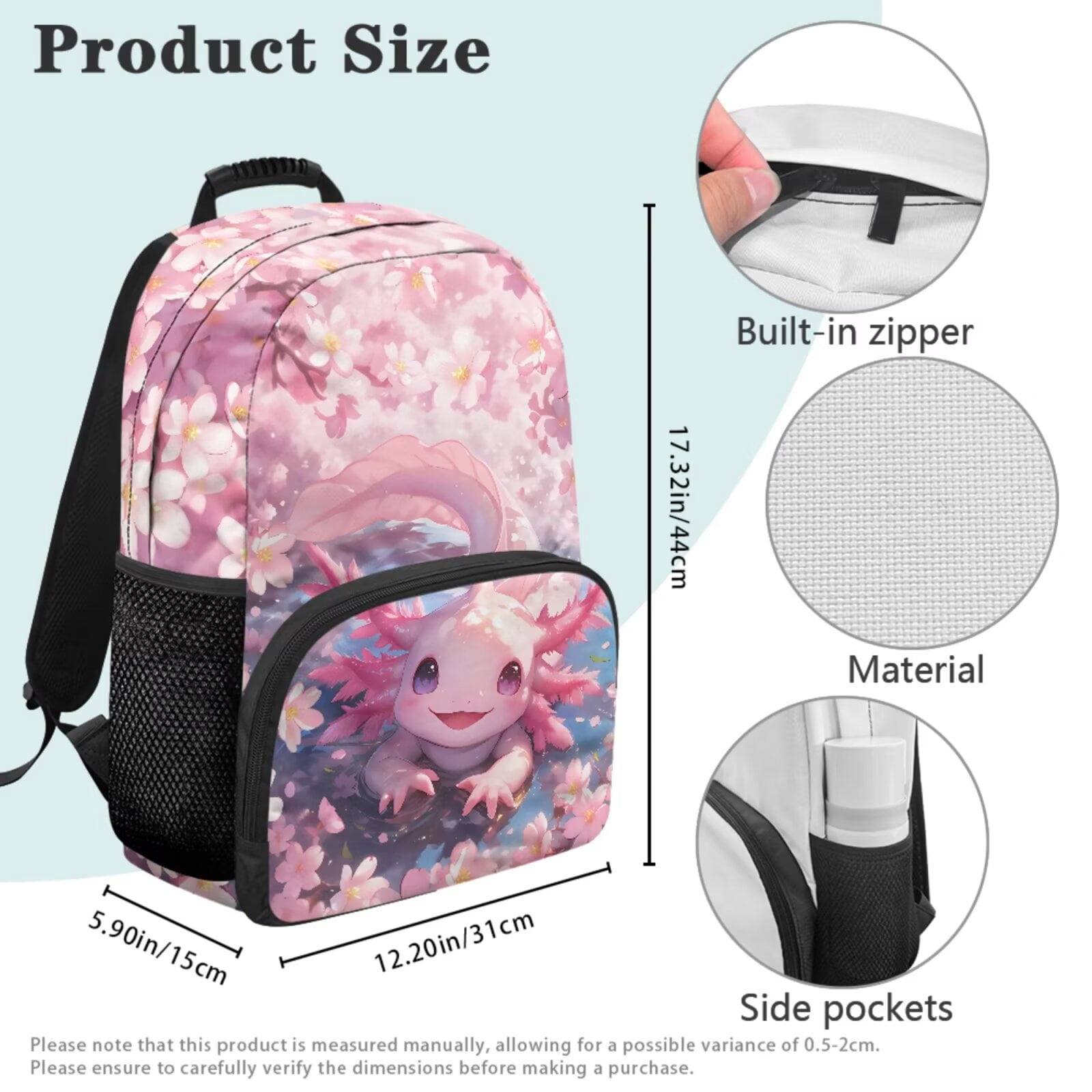 Pzuqiu Axolotl Cherry Blossom Kawaii Backpack for School Girls 4 Pcs Backpacks with Lunch Box Pencil Case 2pcs Bookmark Large Travel Rucksack 17 Inch Bookbags School Bag Set
