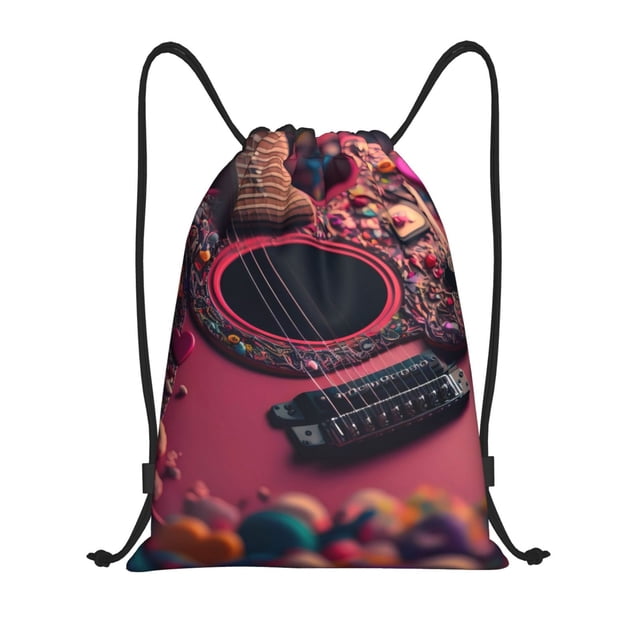 Saiise Romantic Heart Guitar Pattern Sports Drawstring Backpack - String Swim Gym Bag with Wet Proof Pocket for Women&Men-Medium