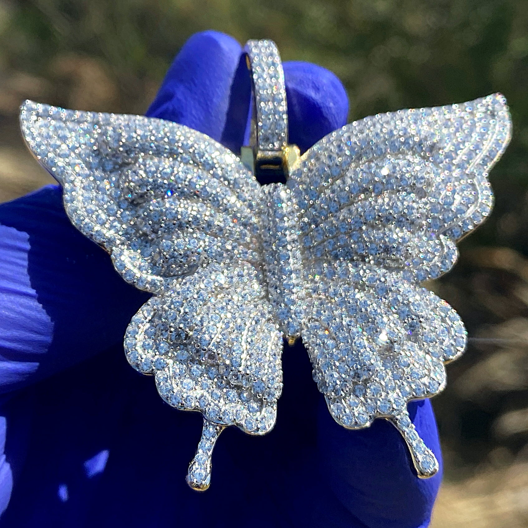 Real 925 Sterling Silver w/Gold Finish Flooded Micro Pave Iced Bling Butterfly Pendant Large 2.5" Inch