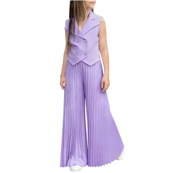 Purple Girls 2 Piece Outfit Set: Sleeveless Vest & Pleated Wide Leg Pants, Kids to Kids Party & Dressy Casual Clothes,Size 8-9T