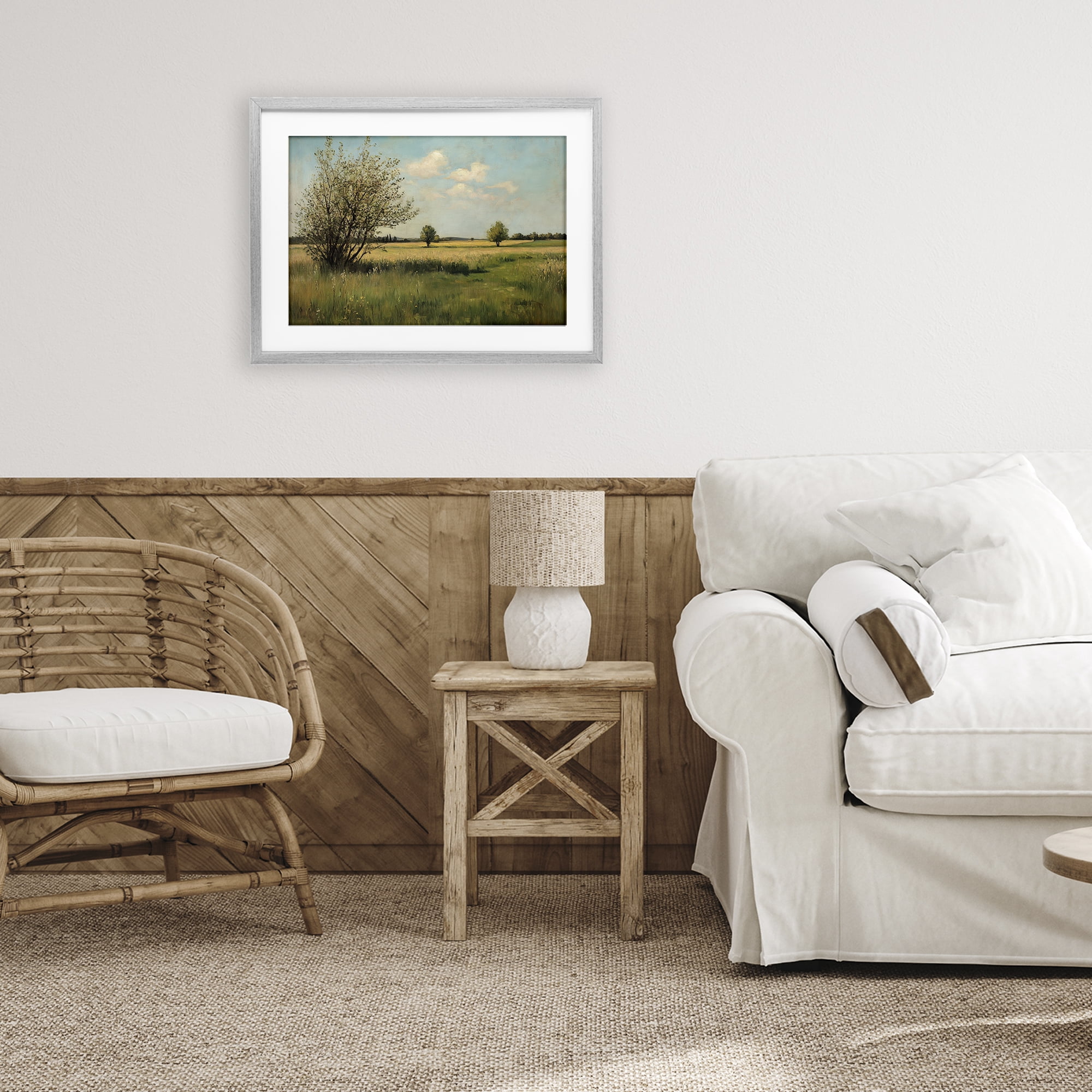 Stupell Industries Peaceful Meadow Under Serene Sky Gray Framed Print Under Glass, design by Petal Prints Design