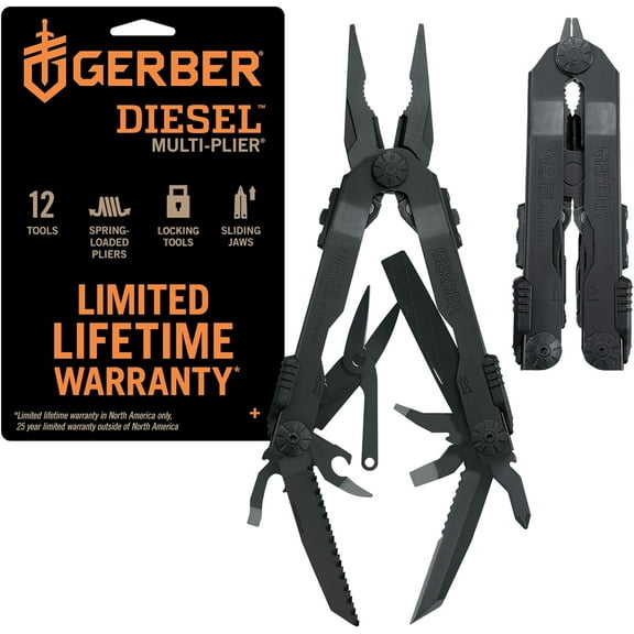 Diesel Multitool Needle Nose Pliers Set, 12-in-1 EDC Multi-Tool Knife, Survival Gear and Equipment, Black
