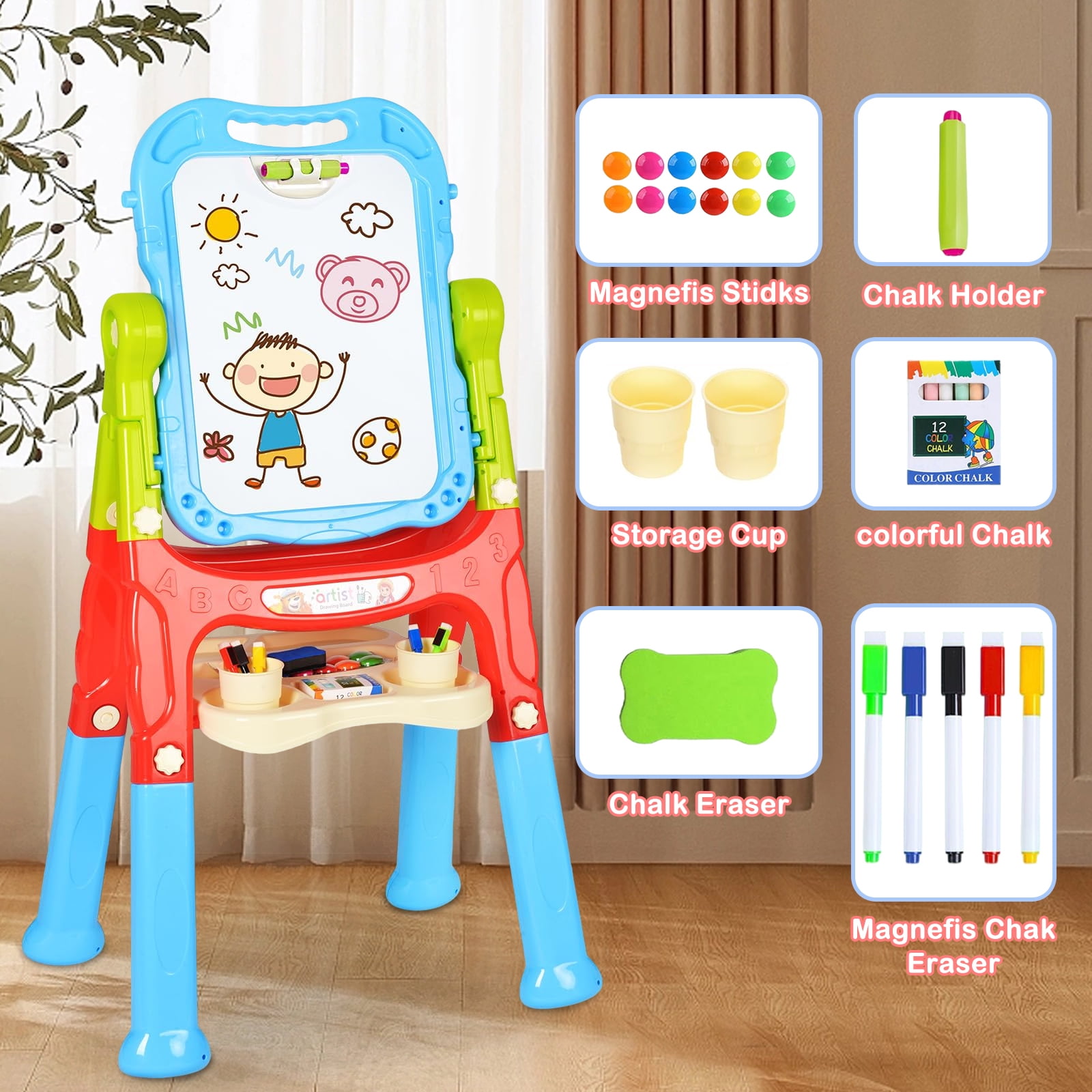 Jaawind Easel for Kids, Double Sided Adjustable Standing Toddlers Art Easel with Magnetic White Board & Chalk Blackboard, Painting Accessories, Gift for Toddlers Boys and Girls Age 3-8 Red