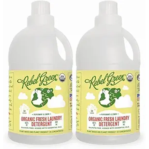 Rebel Green Organic Laundry Detergent - Natural Laundry Soap - Liquid Laundry Detergent with Dispenser Cup - Gentle Laundry Detergent - Fresh Peppermint & Lemon Scent - (68 Load Bottles, 2 Pack)