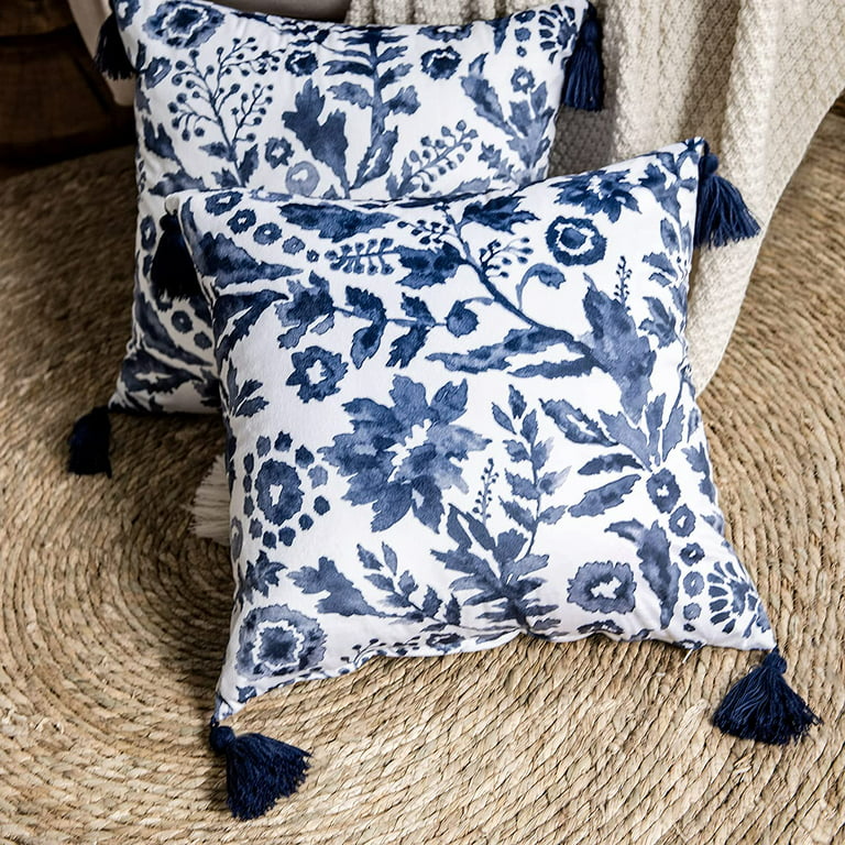 Designer Floral Rock Grey With Navy Blue on off White Linen Pillow Cover,  Small Flowers Pillow Cover, Boho Pillow, Decorative Throw Pillow 