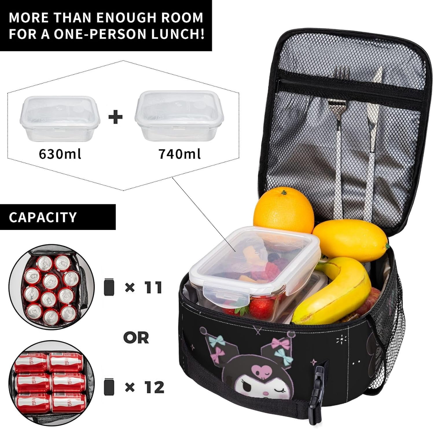 Kuromi Reusable Cute Cartoon Black Cat Lunch Bag Insulated Office Outdoor Portable Lunch Box (Heiku-17)
