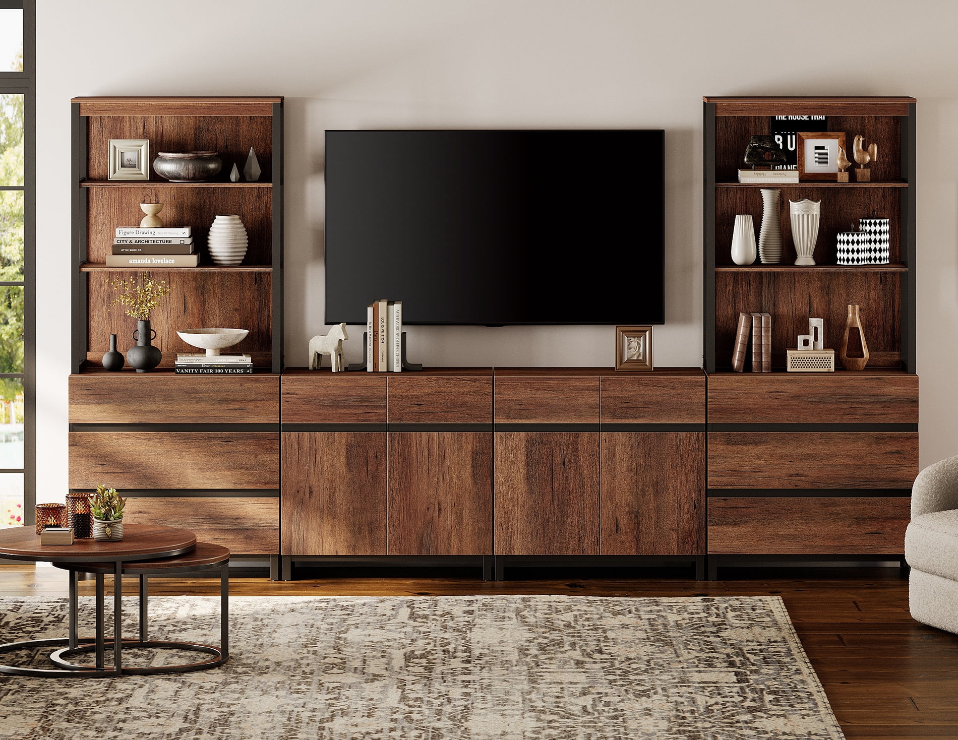 WAMPAT Modern Farmhouse TV Stand with 3-Tier Open Bookshelf, 2 Storage Cabinets & 6 Drawers, Wooden Media Console with Black Metal Legs for Living Room, Brown