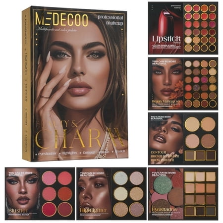 All-in-One Makeup Palette Book, Ideal Holiday & Anniversary Gift for Women. 24 Eyeshadows, 24 Lip Colors, 12 Shadows, 6 Highlighters, 6 Blushes, 7 Contours, Complete Beauty Kit