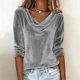 thumbnail image 5 of Hecho para Más Camisa Mujeres Elegante Drape-Delantero Plisado Cuello Oro Terciopelo Tres Cuartos de Manga Blusa, Top Casual, 5 of 8