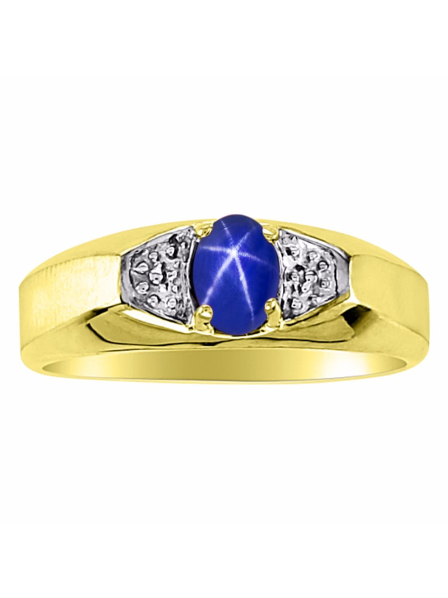 Diamond & Blue Star Sapphire Ring Sterling Silver or Yellow Gold Plated Silver Band 
