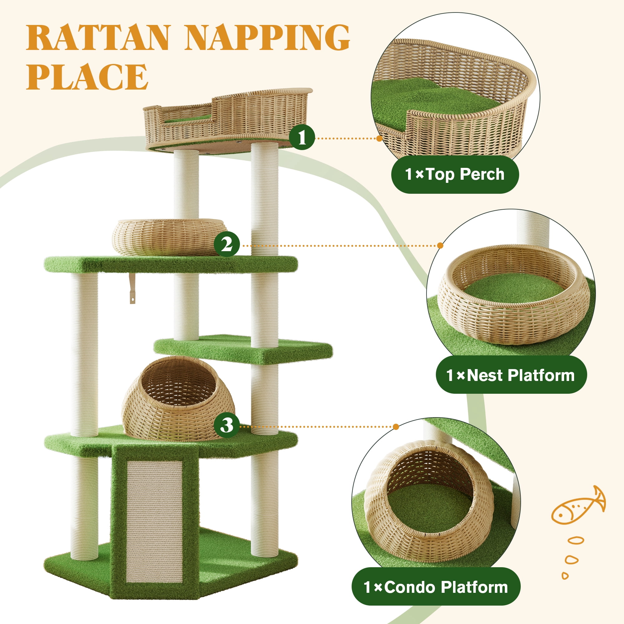Amolife 57"Large Cat Tree Tower with Teddy Fleece Rattan Condo, Scratching Ramp and Posts for Indoor Cats and Kittens, Green