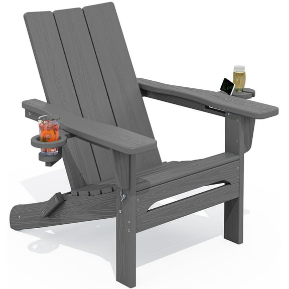 Modern Outdoor Adirondack Chair with Folding Feature, HDPE Durable Construction, Cup Holders for Porch Garden, Gray