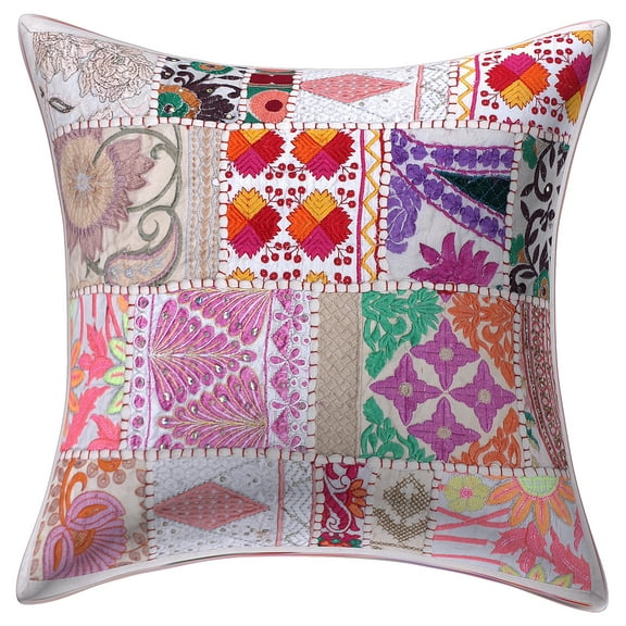 Stylo Culture Indian Cotton Living Room Throw Pillow Sham Cover White 16 x 16 Bohemian Vintage Patchwork Indian Couch Cushion Cover 40x40 cm Decorative Abstract Square Pillowcase | 1 Pc