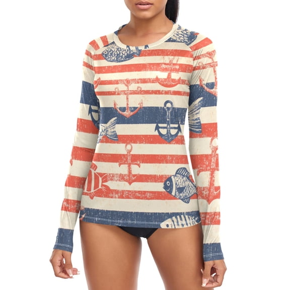 Navy Stripes with Fishes Kellegs Women's Rash Guard Shirts UPF 50 Sun Protection Clothing Long Sleeve Swim Suits XS