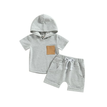 

Toddler Baby Boy Summer Clothes Short Sleeve Solid Color Hooded T Shirt Tank Sweatshirt Tops Shorts Set Casual Outfits