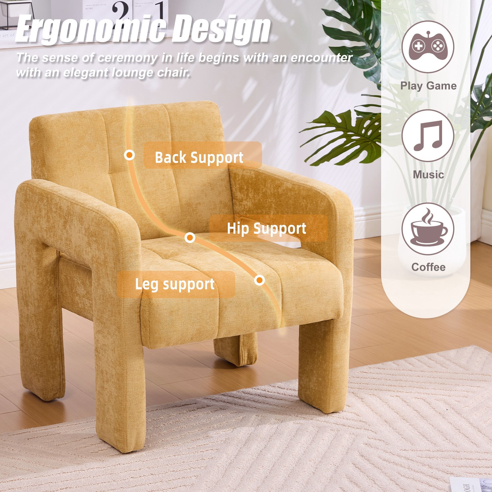 Sailvan Modern Minimalist Single Armchair,Soft Chenille Accent Chair for Living Room,Bedroom & Office,Comfy Nordic Reading Chair Mustard yellow
