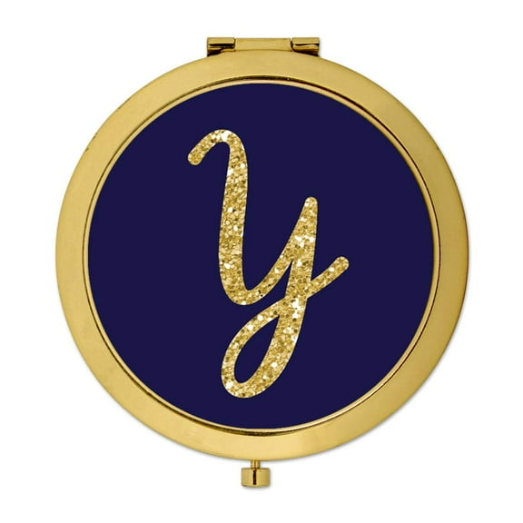 Koyal Wholesale Gold Compact Mirror Bridesmaid's Wedding Gift, Navy Blue | Faux Gold Glitter, Monogram Letter Y, 1-Pack
