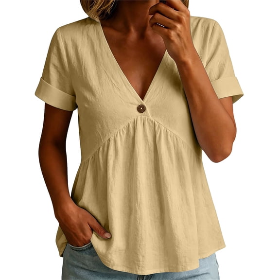 MaFYtyTPR Women's Short Sleeve Blouse V-Neck Cotton Linen Button Front Solid Color Loose Tops for Summer Casual Daily Wear Z-Beige L