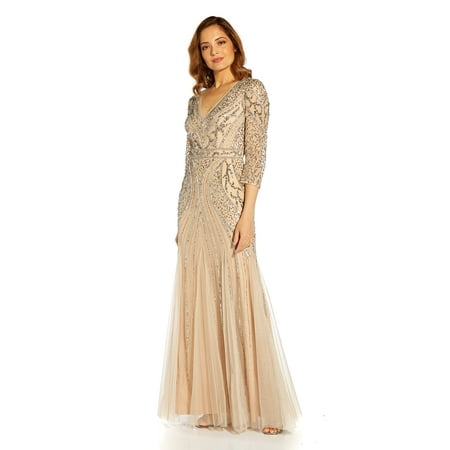 Adrianna Papell Women's Beaded Mesh Godet Gown, SilveNude, 4