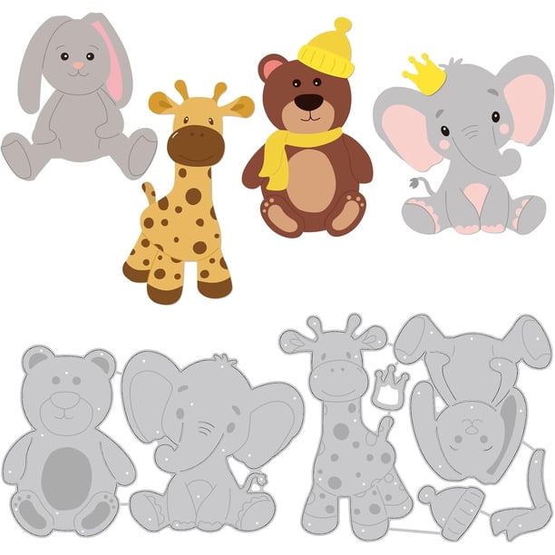 2 troqueles de corte de animales de peluche de 4 estilos: oso, elefante, conejo y ciervo. Plantillas para repujado.