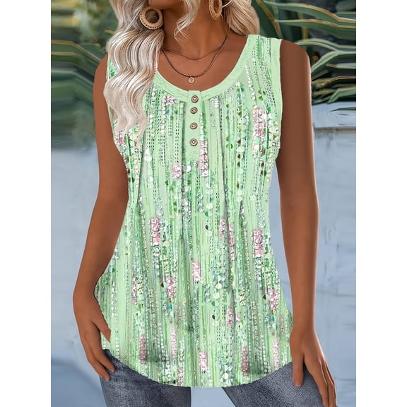 Nyfairy Plus Size Women's Sleeveless Tank Top Casual Crew Neck Button Decor Green Floral Print Loose Fit Pleated Tunic Blouse