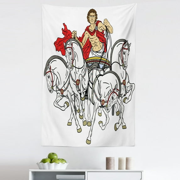Retro Tapestry, Hellenic Man on the Chariot Drawn by Roman Horses Early Ages Image, Fabric Wall Hanging Decor for Bedroom Living Room Dorm, 5 Sizes, Multicolor, by Ambesonne
