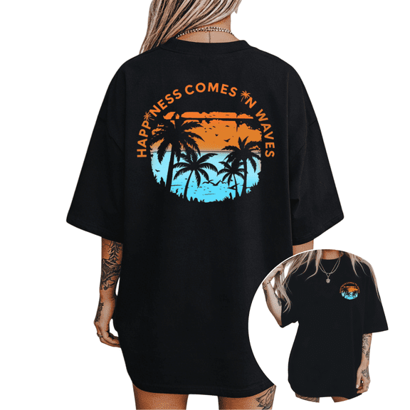 UNISHE Women's "Happiness Comes In Waves" Tropical Sunset Palm Tree Graphic Short Sleeve T-Shirt Casual Cotton Crewneck Top