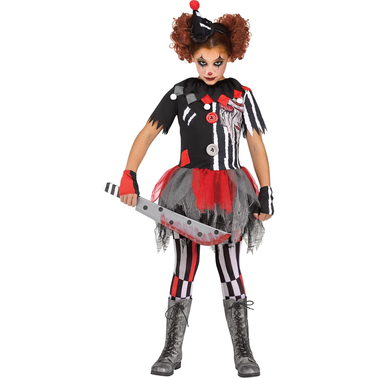 Girls Teen Kool Klown Clown Neon Scary Halloween Fancy Dress Costume Hat Tights 