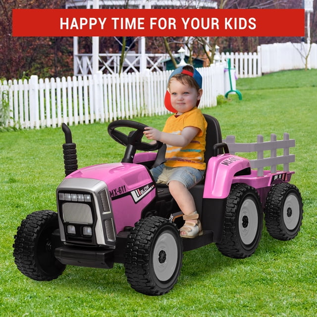 EDTara Kids Ride On Tractor, 12v Toddler Electric Car With Detachable Trailer, Remote Control, 2+1 Gear Shift, 7 Led Headlights, Music, Horn, Perfect Ride On Toy for Ages 3-8