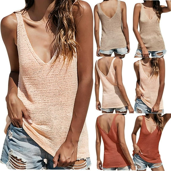 ATOYSOY Women's Knitted Loose Tank Tops Solid Color Sleeveless Trendy Tees V Neck Casual Workout Versatile Summer Camisole Girls Retro Beach Yellow L
