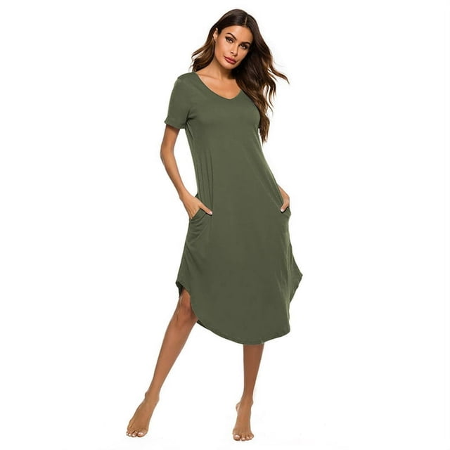 Robe de Nuit à Manches Courtes Col en V Longueur Complète pour Femmes Grande Taille