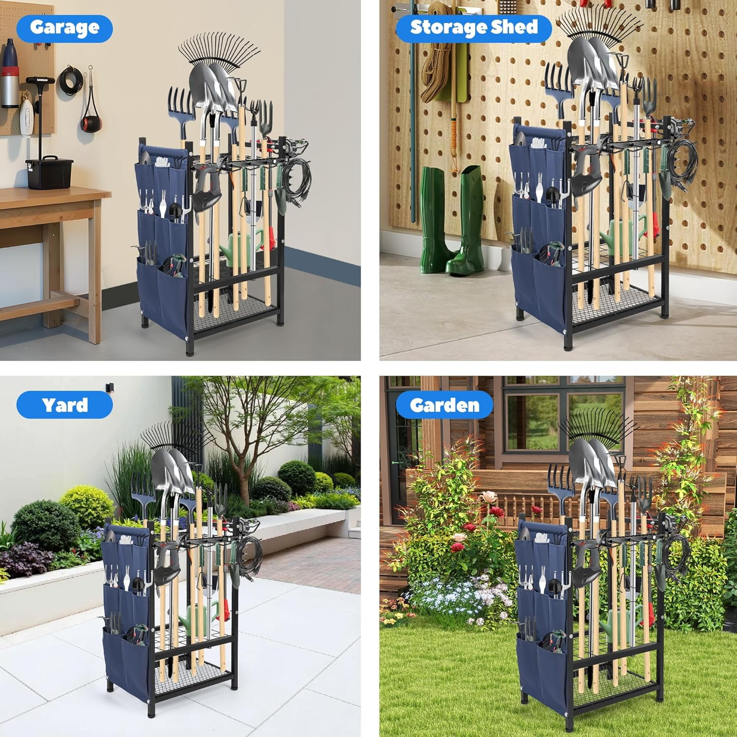 Freestanding Garden Tool Rack, 3-Tier Heavy Duty Organizer with Hooks and Pockets for Shovels, Rakes, Brooms – Outdoor Yard Storage Solution